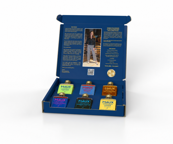 Maux Cocktails sample pack — open gift box holding six 100mL bottles: Margarita, Negroni, Old Fashioned, Cosmopolitan, Espresso Martini and Limoncello