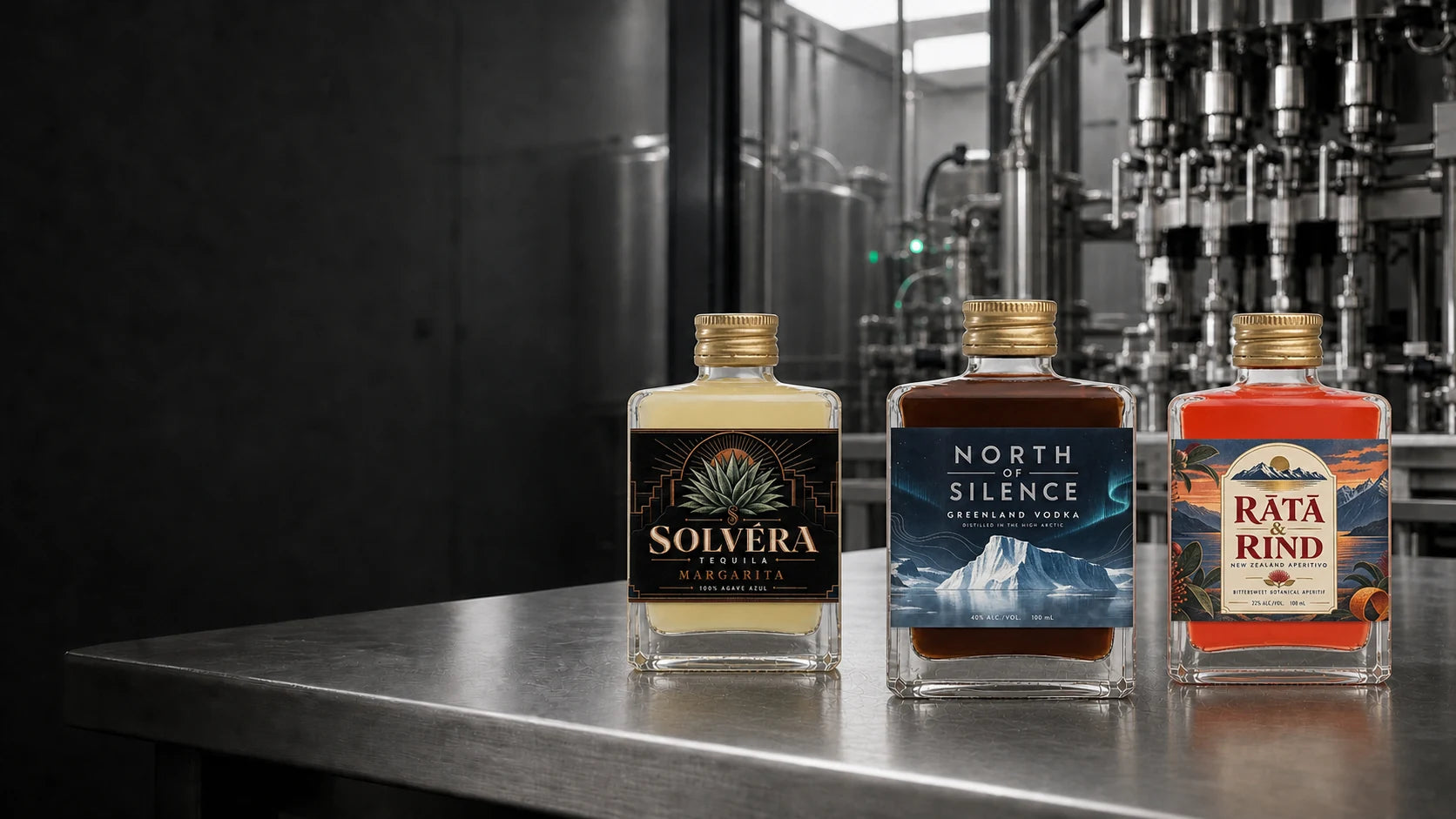 Three client-branded 100mL cocktail bottles produced by Maux, on a stainless bench beside the bottling line