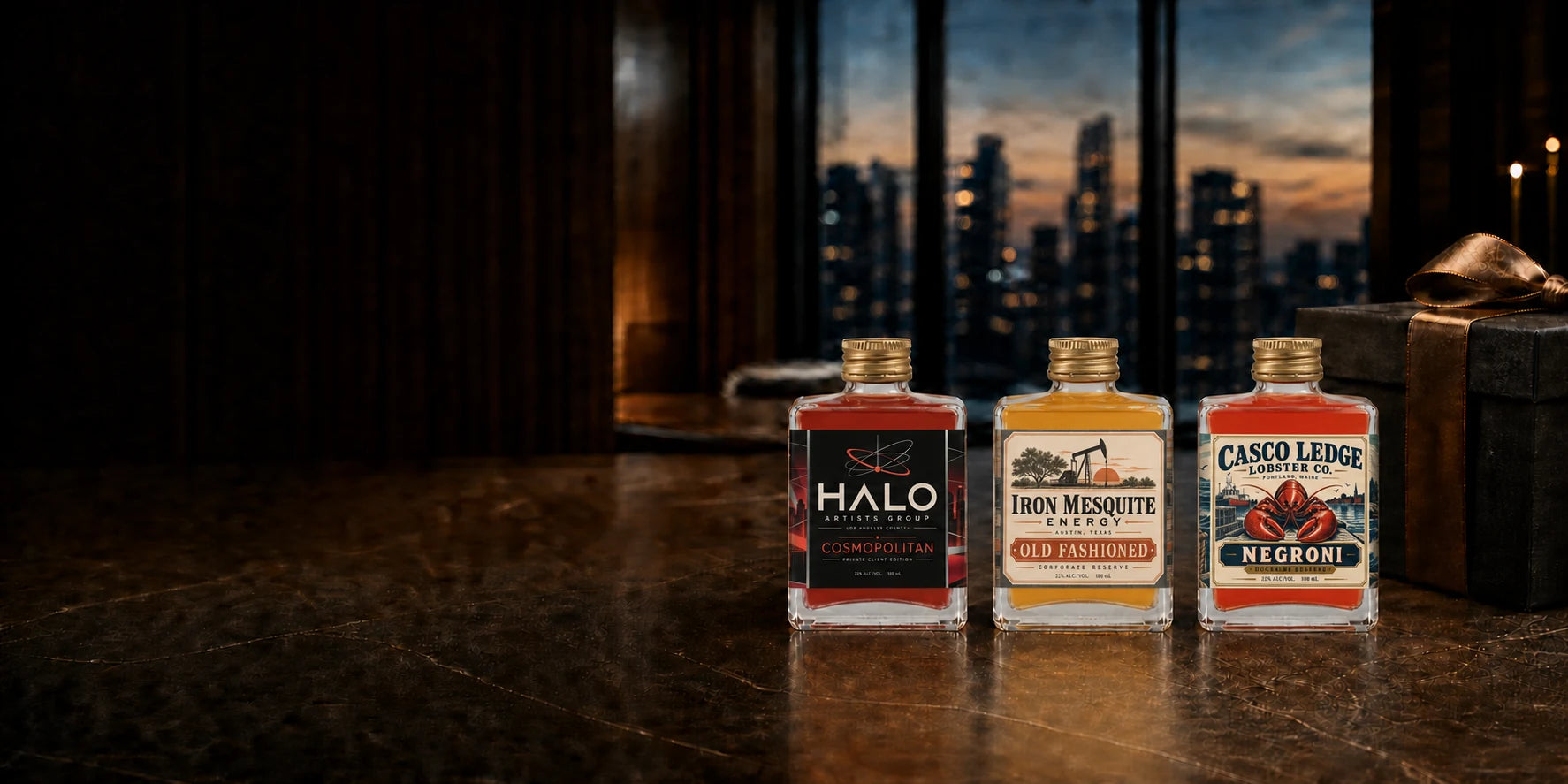 Three client-branded 100mL cocktail bottles on a bar at dusk, city skyline behind, beside a wrapped gift box