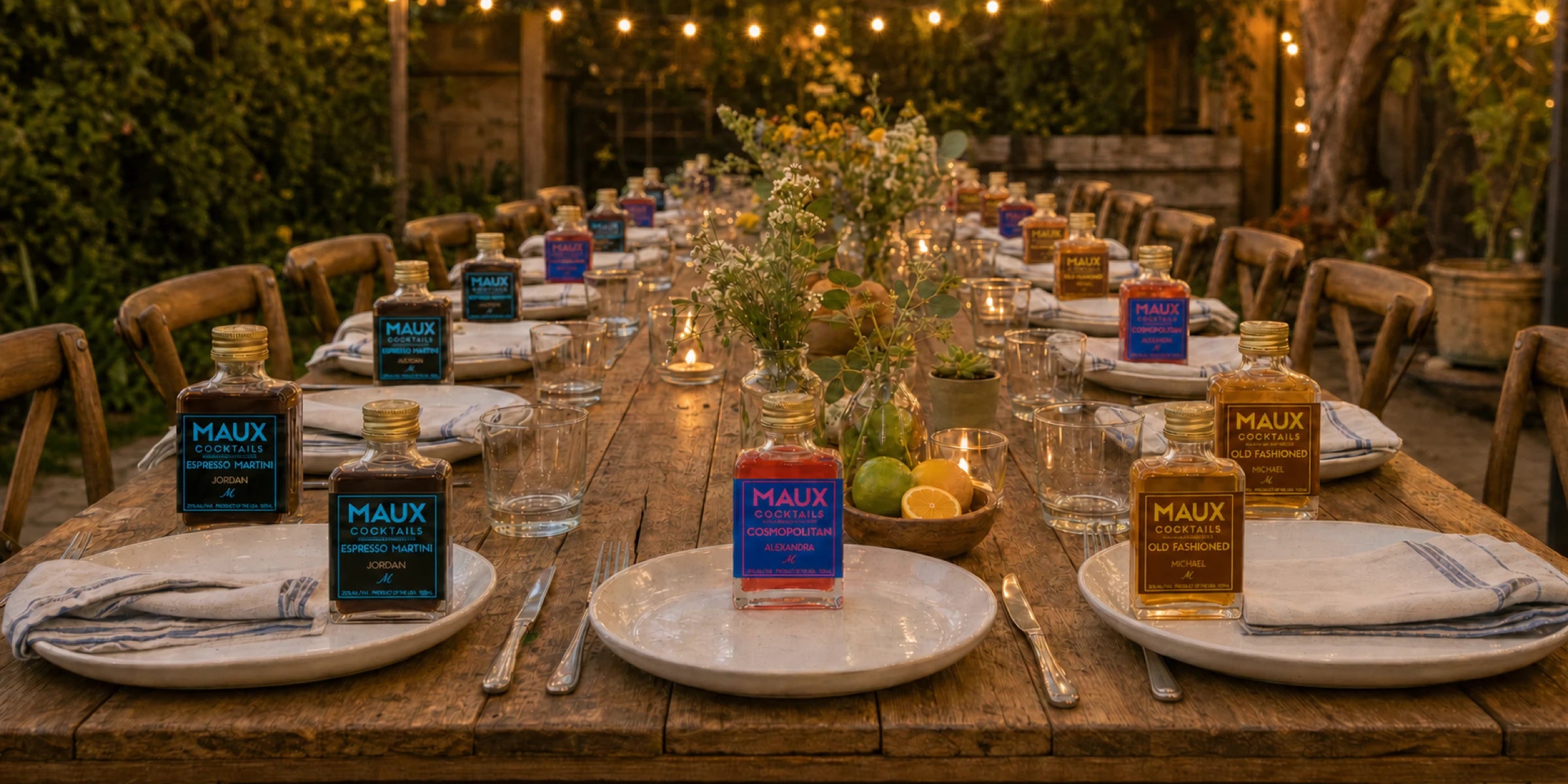 A long outdoor dinner table set at dusk with a personalized Maux bottle at every place setting