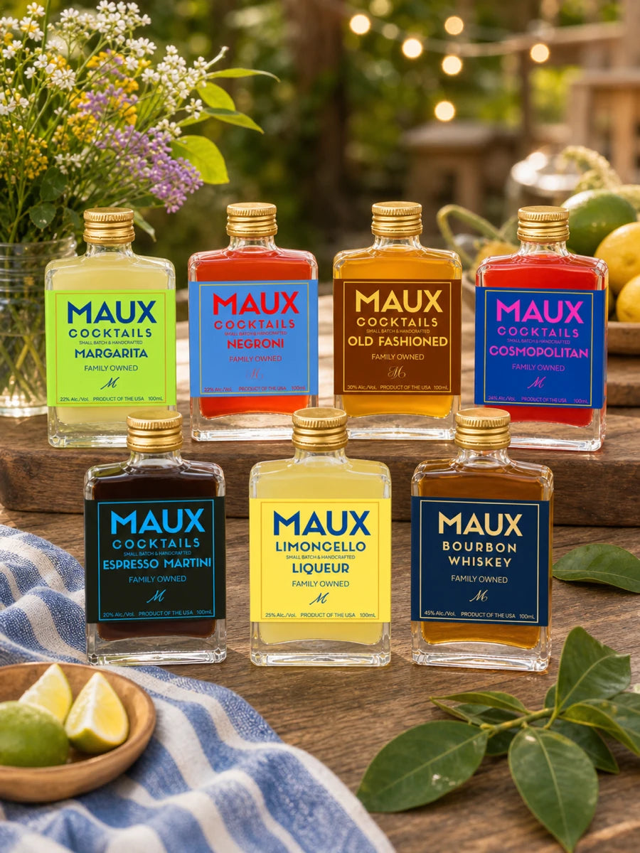 The full Maux lineup — seven personalized craft cocktail bottles — on a sunlit outdoor table