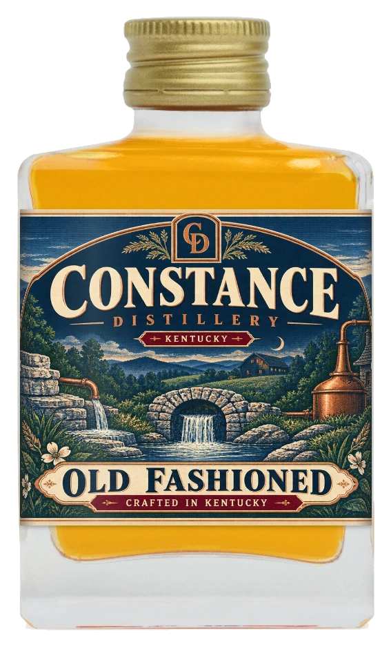 Front face of the bottle, Constance Distillery Old Fashioned label with the CD crest