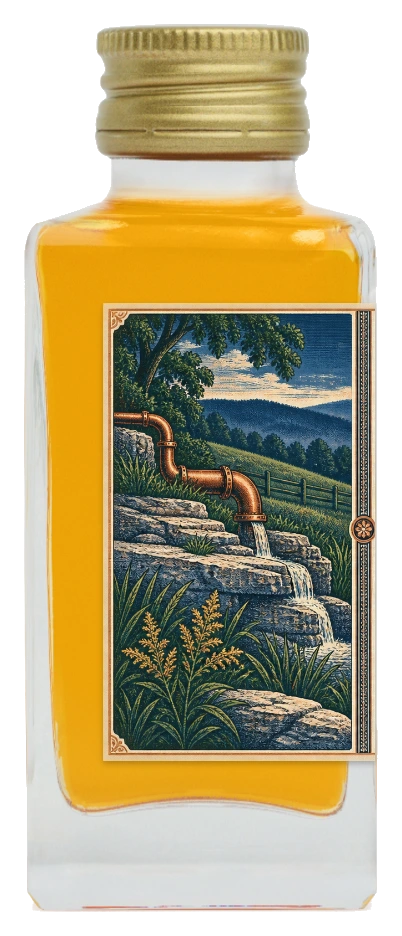 Left narrow side of the bottle, limestone spring and copper pipe motif