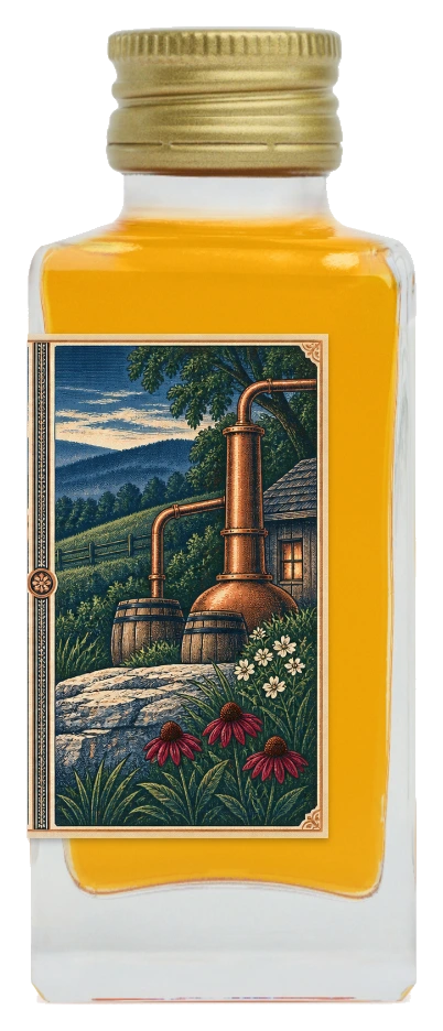 Right narrow side of the bottle, copper pot still and ageing barrels motif