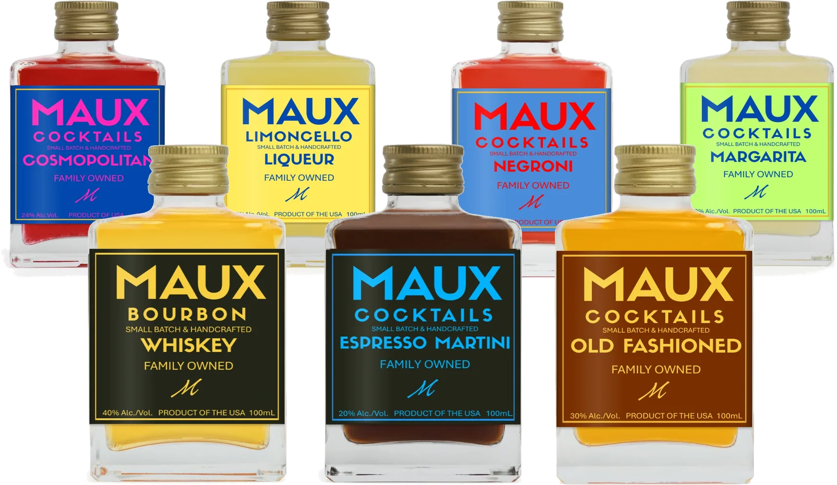 All seven Maux 100mL bottles