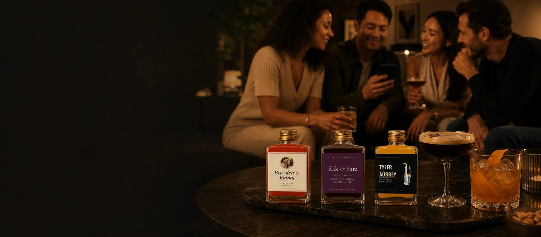 Friends around a low table at night with three personalized Maux bottles and cocktails poured
