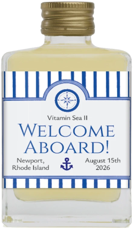 Nautical Welcome Aboard label on a Maux Margarita