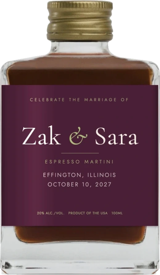 Custom wedding label on a Maux Espresso Martini bottle