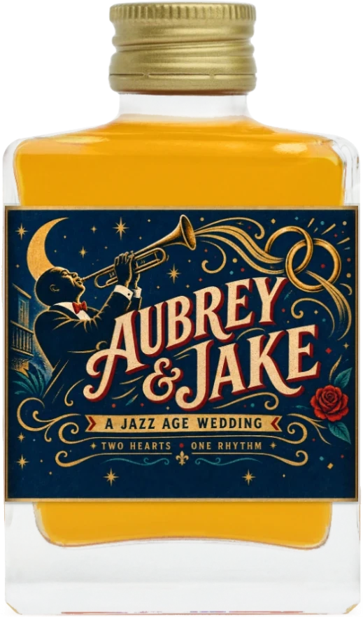 Custom wedding label on a Maux Old Fashioned bottle