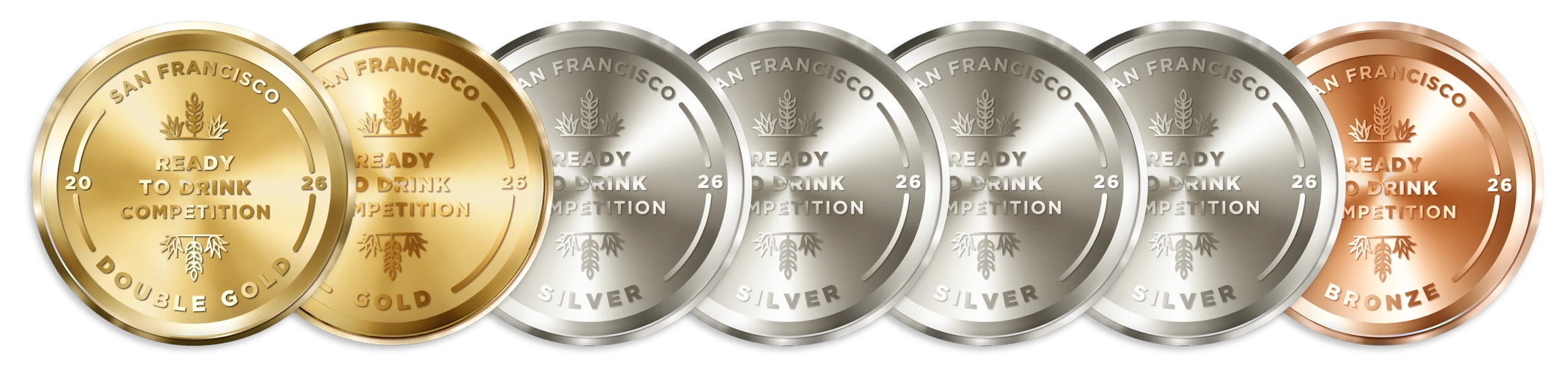 Seven San Francisco World Spirits Competition medals: 1 Double Gold · 1 Gold · 4 Silver · 1 Bronze