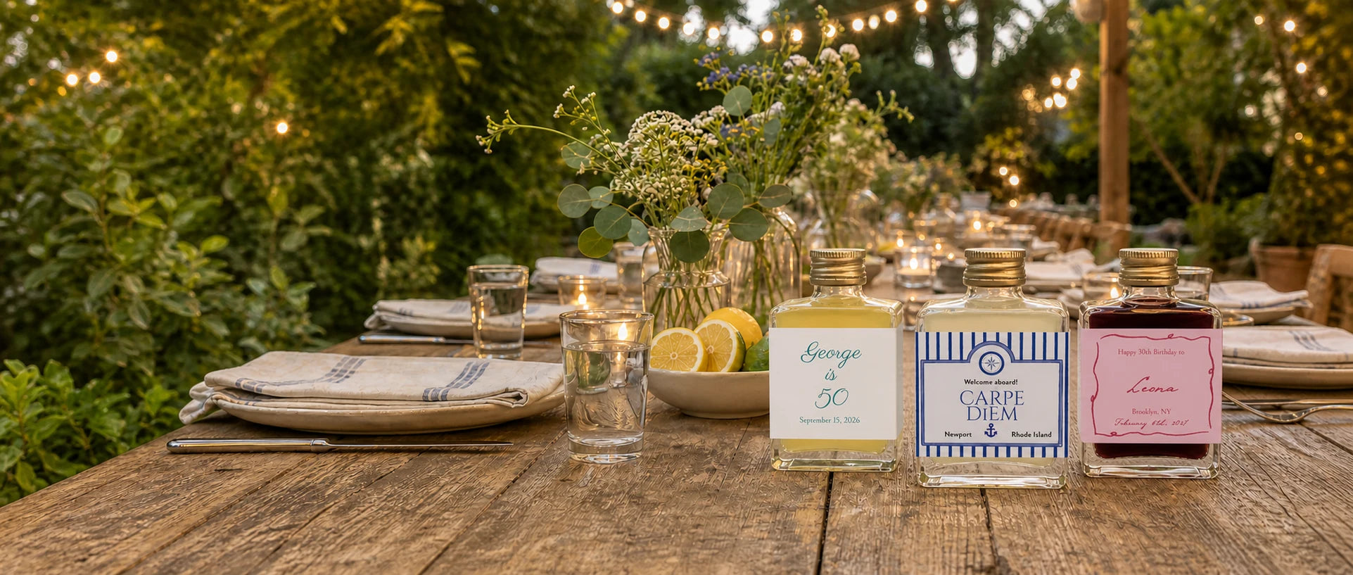 A garden dinner table at dusk with three personalized Maux bottles beside the place settings
