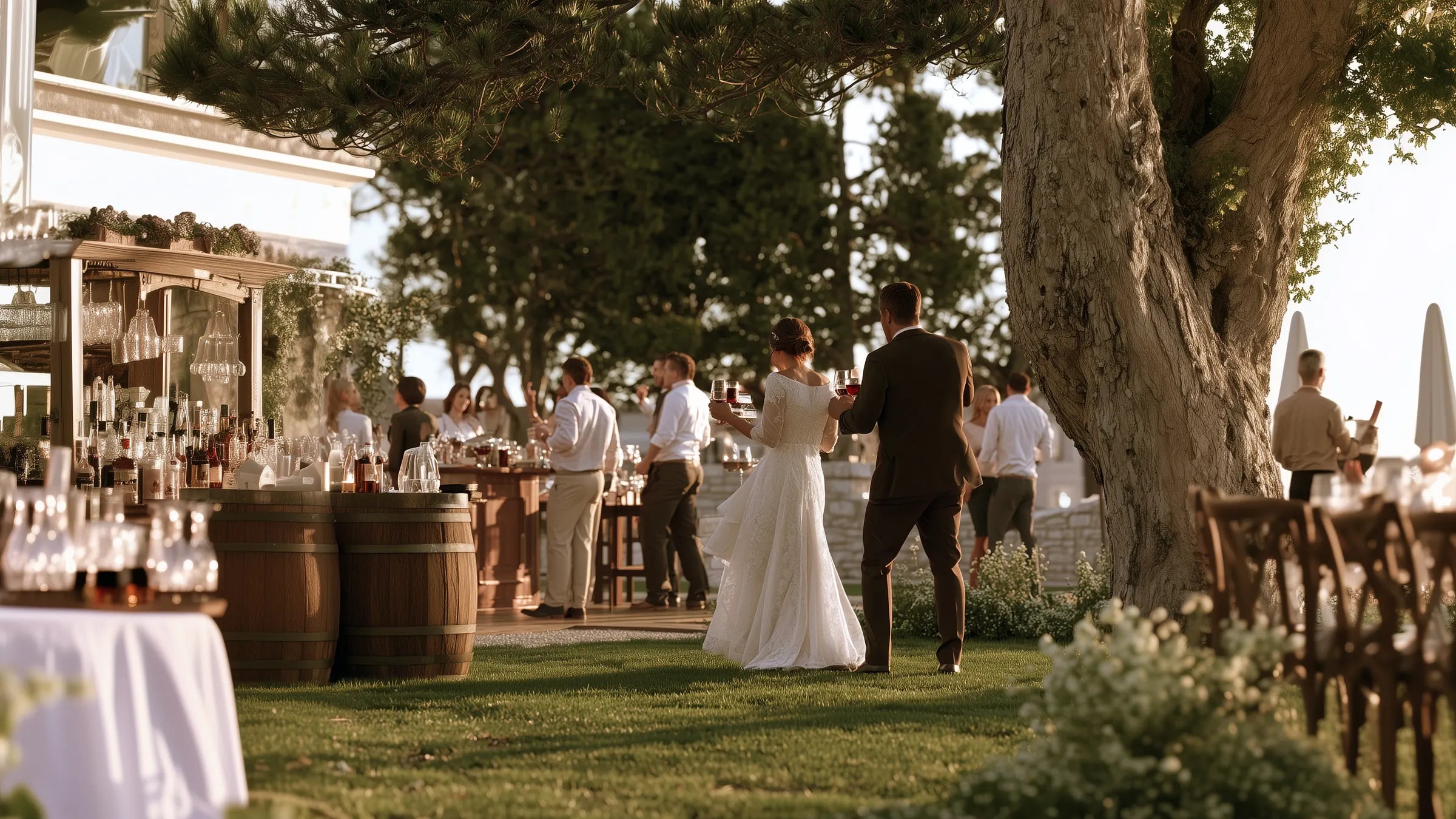 Bride and groom crossing the lawn toward the garden bar during cocktail hour at a golden-hour outdoor wedding reception